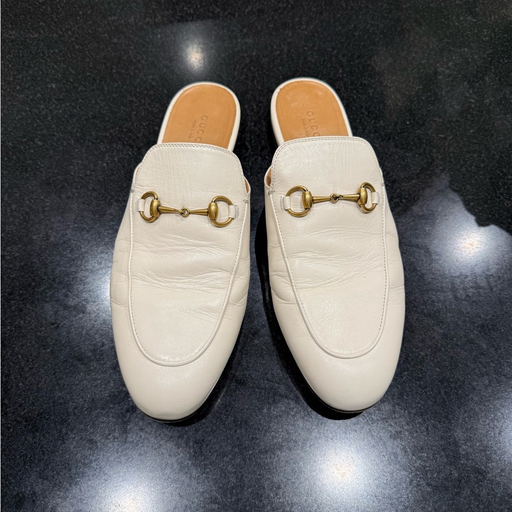 Gucci Cream Leather Mules with Horsebit Detail